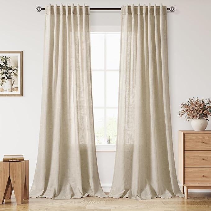 Eggshell Beige Linen Curtains for Living Room 98 Inches Long Light Filtering by Nanspring