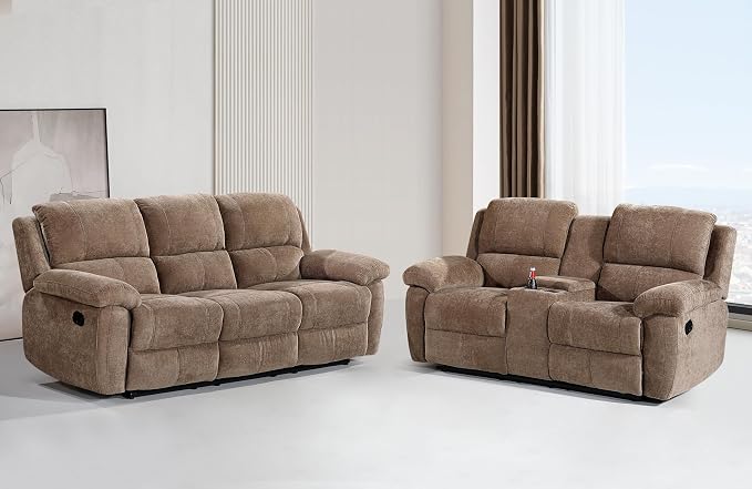 Betsy Furniture Modern Fabric Recliner Sofa Set, Loveseat w/Console, Recliner by BetsyFurniture