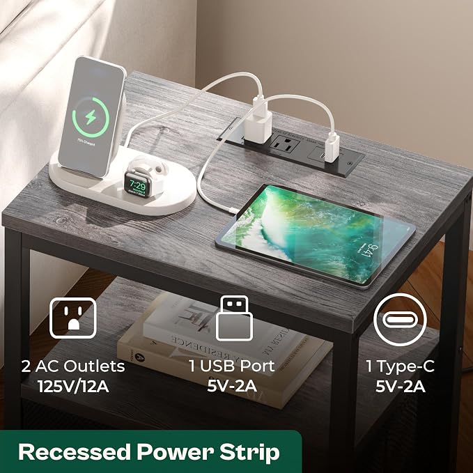 Huuger Nightstand with Charging Station, Side Table with Fabric Drawers - Image 3