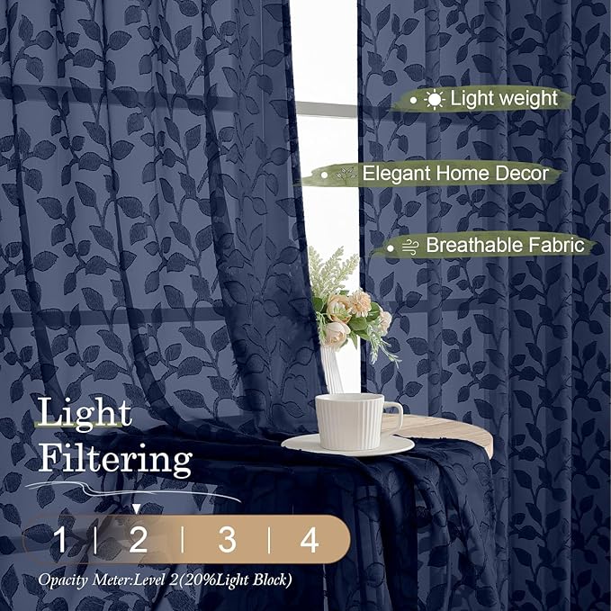 Chyhomenyc Navy Blue Sheer Curtains 84 Inch Length 2 Panels Set, Light - Image 2