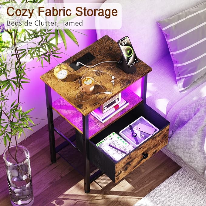 LOAKEKEL Nightstand with Charging Station, End Table with Fabric Drawer - Image 5