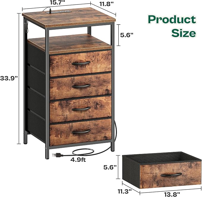 Huuger Night Stand with Charger Station and LED Lights, 4 Drawer Nightstand - Image 3