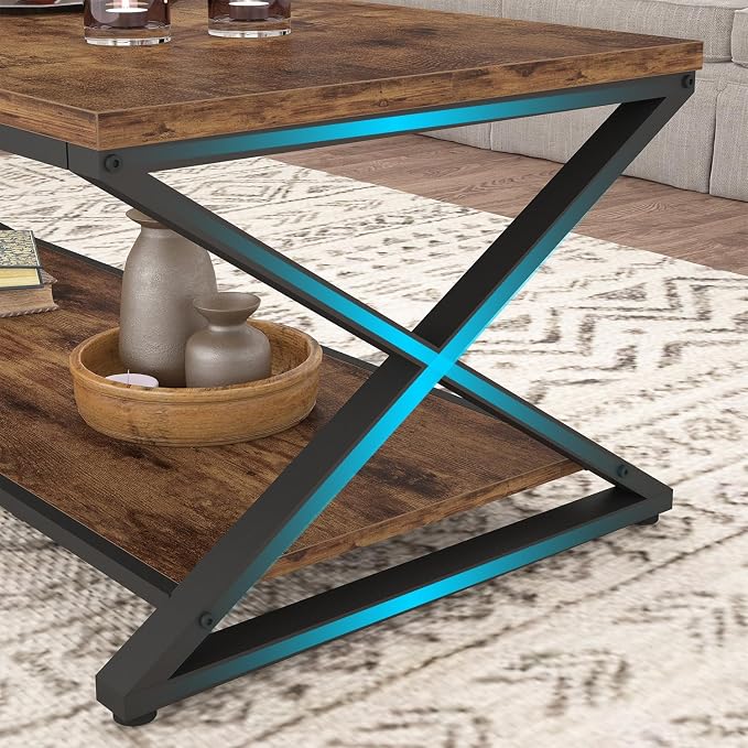 HSH Wood Coffee Table with Storage, Farmhouse Rustic Brown Coffee Table - Image 7