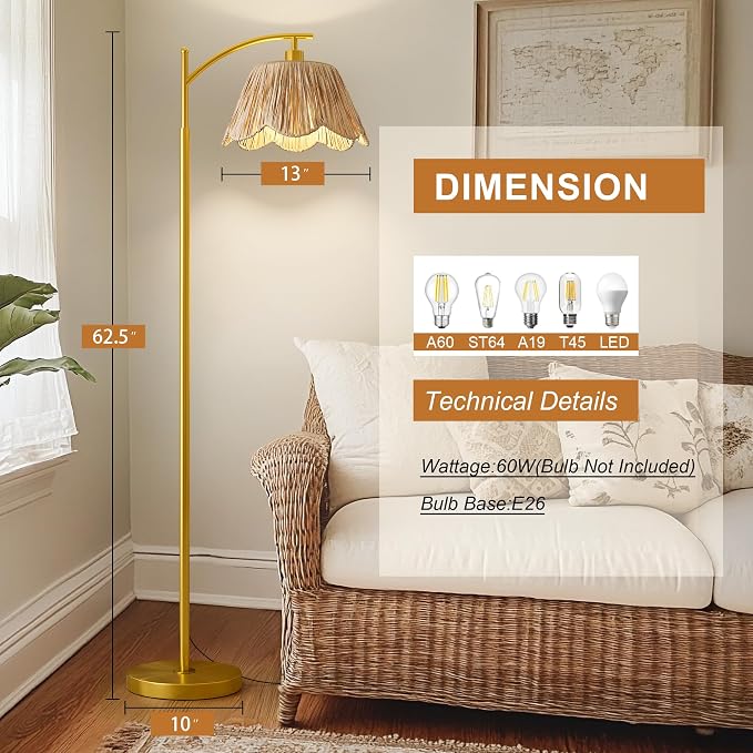 Oneach Arc Floor Lamp for Living Room, Rattan Boho Floor Lamp - Image 4
