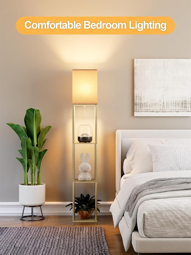 Floor Lamp with Shelves for Living Room Natural Wood, Shelf Floor Lamp with 3 - Image 6