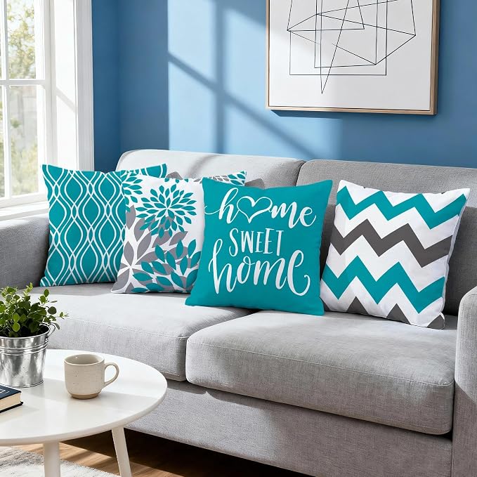 Hexagram Geometric Teal Pillow Covers 18x18 Set of 4, Decorative Outdoor Boho - Image 7