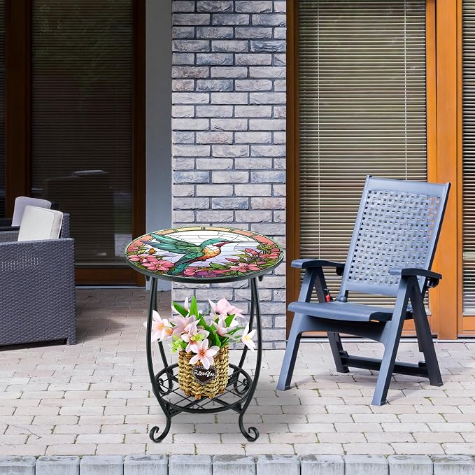 Cinnvoice Outdoor Side Table Round Small Mosaic Patio Accent Indoor End Plant - Image 6