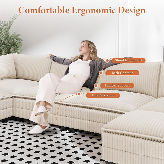 Vesgantti 143" U Shaped Sectional Modular Couch, Comfy Corduroy Upholstered - Image 4