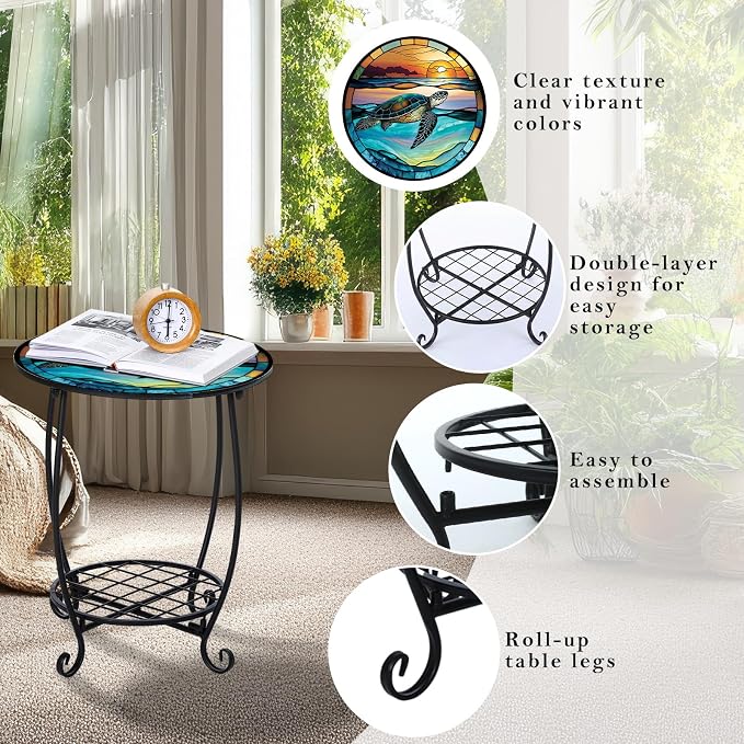 Cinnvoice Outdoor Side Table Round Small Mosaic Patio Accent Indoor End Plant - Image 4