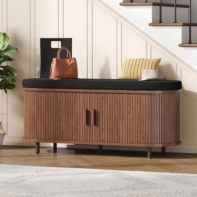 Oval Shoe Storage Bench with Padded Seat Cushion, 2-Tier Fluted Shoe Cabinet - Image 6