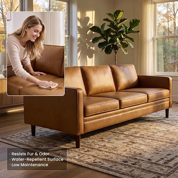 Kingfun 80" Faux Leather Sofa, 3 Seater Couch, Mid Century Modern Couches - Image 3