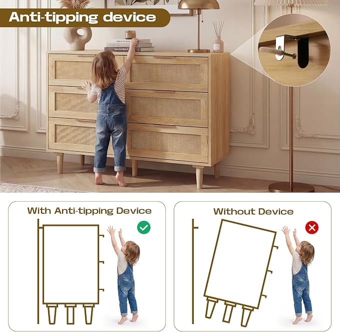 FUQARHY 6 Drawer Dresser Rattan Dresser Modern Chest - Image 8