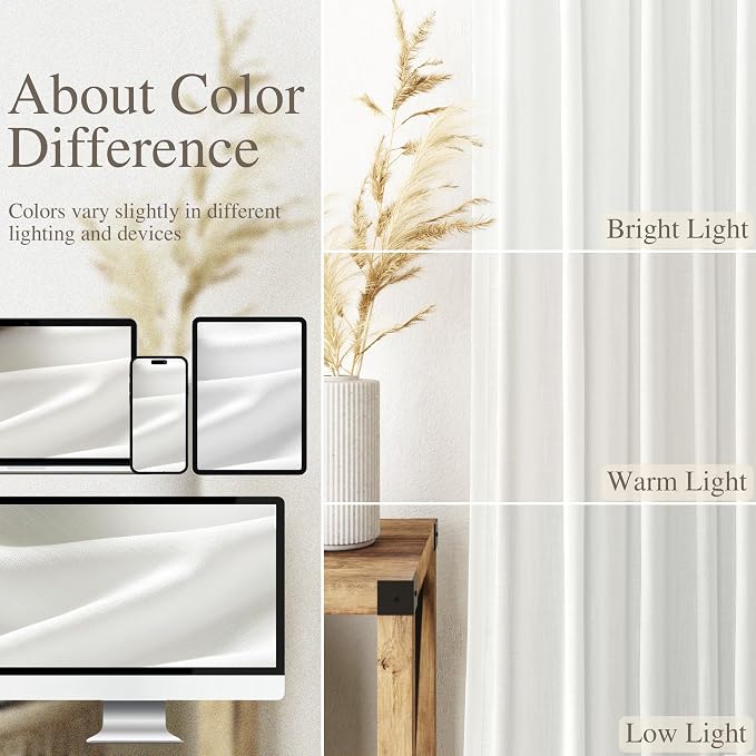 Off White Linen Sheer Curtains 102 Inches 2 Panels Set Back Tab Rod Pocket - Image 4