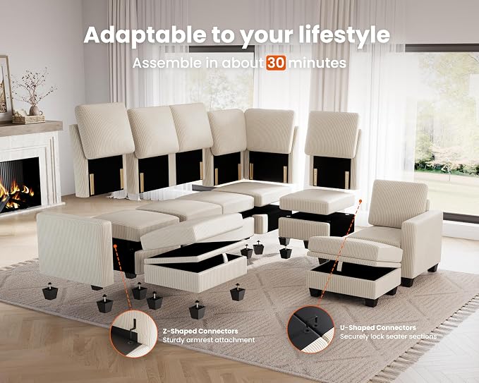 CHIC HOUSE Middle Module for Modular Couch, Corduroy Customizable Chaise - Image 4