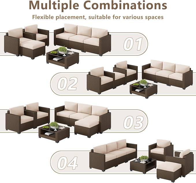 LOUVIXA 7 Piece Outdoor Patio Furniture Set, Rattan Chairs Glass Table Wicker - Image 4