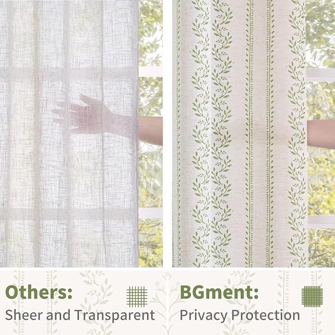BGment Sage Green Floral Curtains 84 Inch Long, Light Filtering Linen Curtains - Image 6