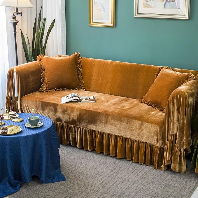 Velvet Sofa Cover Soft Decorative Luxurious Solid Exquisite Ruffle Trim - Image 8