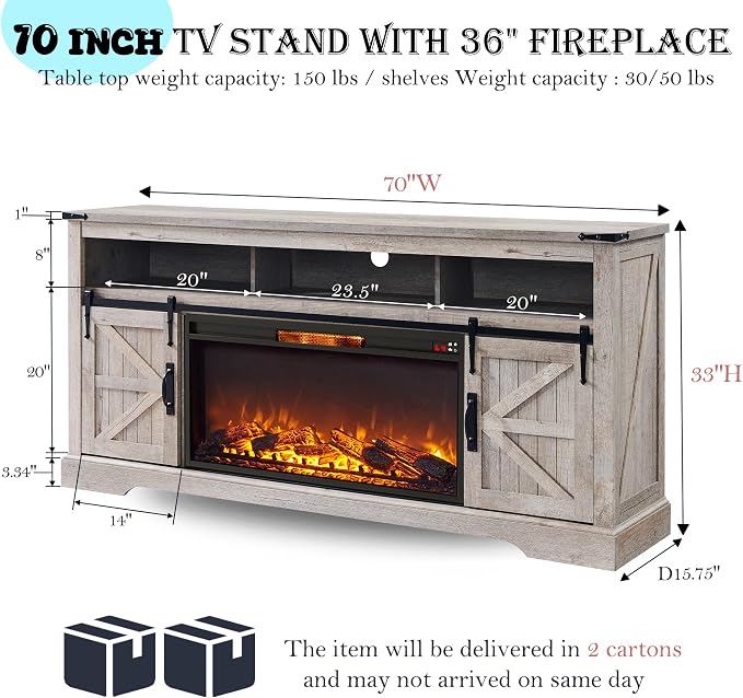 OKD Fireplace TV Stand for 80 Inch TV, Rustic Media Console w/Sliding Barn Door - Image 2