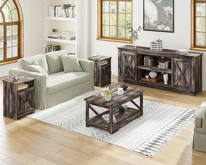 AMERLIFE 4-Piece Farmhouse Table Set Includes Sliding Barn Door TV Stand - Image 3