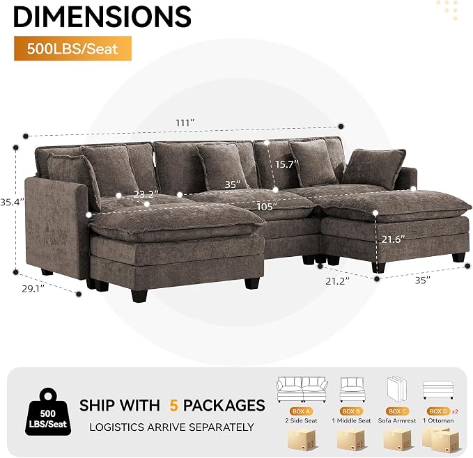 111'' Sectional Cloud Deep Seat Couch, Oversized Chenille U Shaped Sectional - Image 2