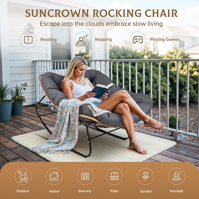 SUNCROWN Oversized Wicker Rocking Chair Indoor Outdoor, 450 LBS Heavy Duty - Image 5