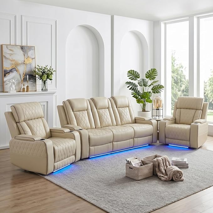 Power Recliner Sofa Set with LED Lights, Includes 2 Manual Recliner 1 Seat and by Unknown