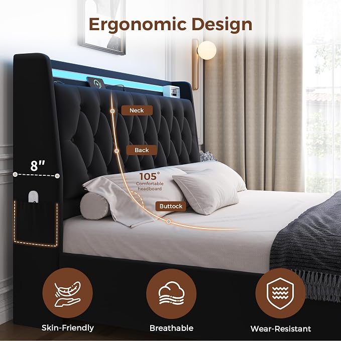 Full LED Velvet Bed Frame with 2 Storage Drawers&Hidden Headboard, Upholstered - Image 7