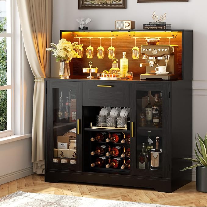Unikito Wine Bar Cabinet with LED Light, Liquor Cabinet with Wine Rack and by Unikito