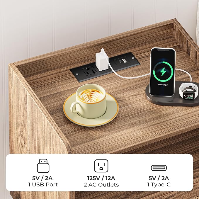 SUPERJARE Nightstand with Charging Station & Rattan-Like Decor Drawer, Rattan - Image 4