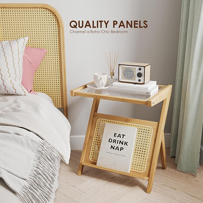 Bamworld Rattan Side Table Boho Night Stand Glass Bedside Small End Tables - Image 5