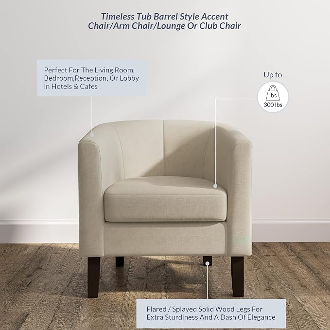 BELLEZE Accent Barrel Chair, Linen Round Club Tub Sofa Corner Chair - Image 3