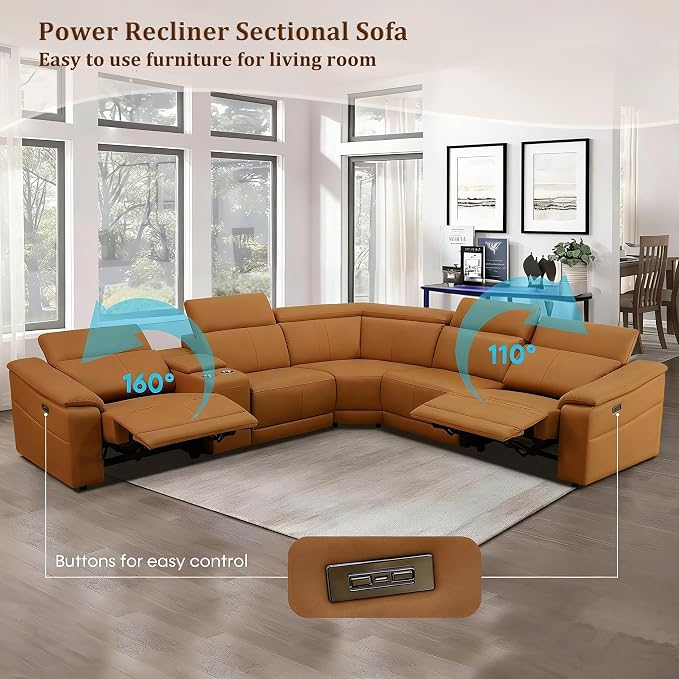 Power Recliner Sectional Sofa, L-Shaped Living Room Furniture Set, Light Brown - Image 8