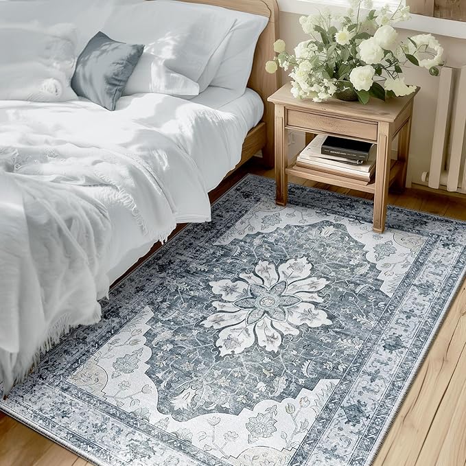 RELEANY Area Rugs 3'x4' Washable Non-Slip, Floral Vintage Distress Print by RELEANY