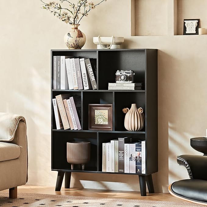 LEYAOYAO 7 Cube Black Bookshelf, 3 Tier Modern Bookcase - Image 8