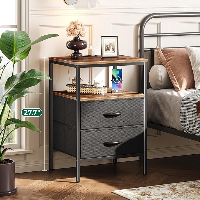 Huuger Night Stand with Charger Station, 27.7 Inch Tall Nightstand, Bed Side - Image 2