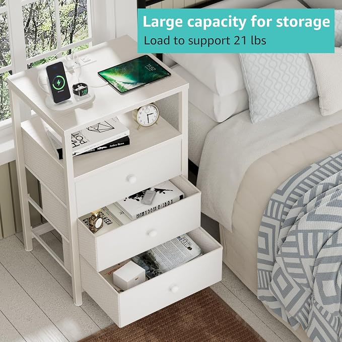 BOLUO White Night Stand with 3 Fabric Drawers, Nightstand with Charging Station - Image 5