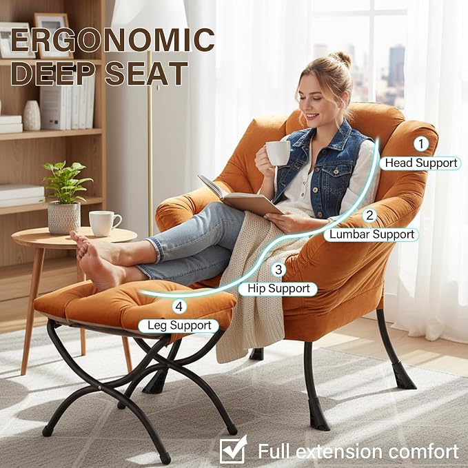 Welnow Orange Lazy Chair with Ottoman, Modern Accent Chair with Armrests and a - Image 6