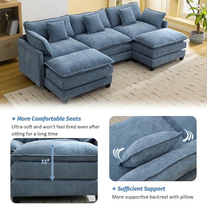 111'' Sectional Cloud Deep Seat Couch, Oversized Chenille U Shaped Sectional - Image 3