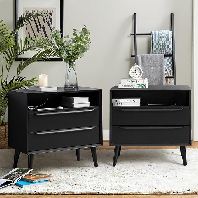HULALA HOME End Table with Charging Station, Mid-Century Modern 2 Drawer and by HULALAHOME