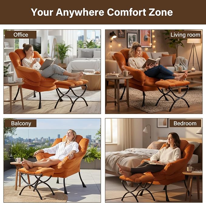 Welnow Orange Lazy Chair with Ottoman, Modern Accent Chair with Armrests and a - Image 7