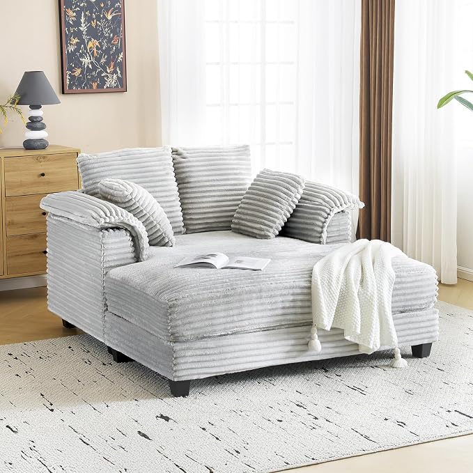 VINGLI 56" Oversized Chaise Lounge Chair, Light Grey Comfy Corduroy Chaise Sofa - Image 3