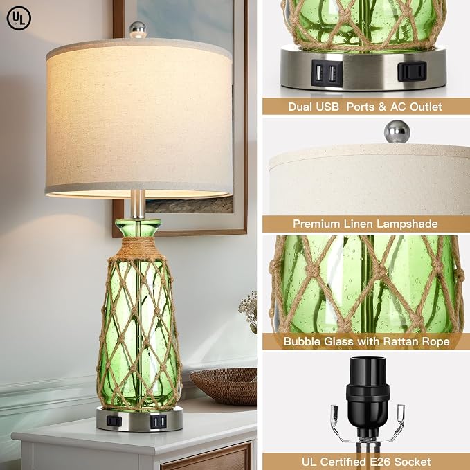 Ruzectt 25.5" Green Glass Table Lamps Set of 2, 3-Way Dimmable Touch Control - Image 7