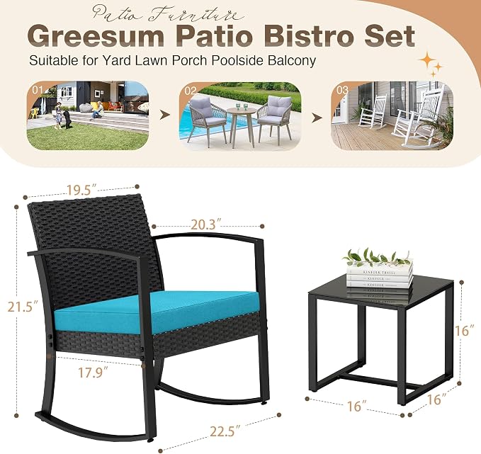 Greesum 3 Piece Patio Furniture Set, All-Weather Imitation Rattan Conversation - Image 7