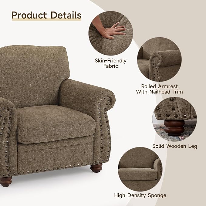 ONBRILL Nailhead Trim Armchair, Rolled Arm Accent Chair - Image 3