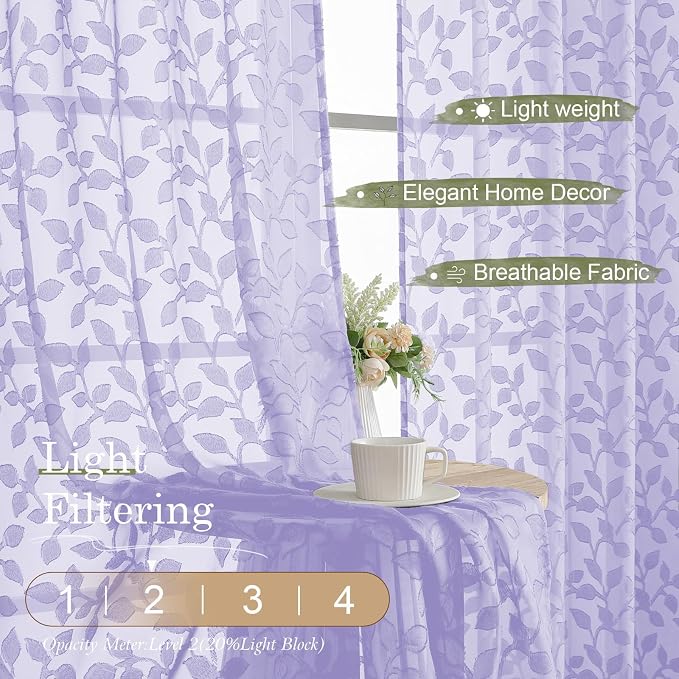 Chyhomenyc Light Purple Sheer Curtains 72 Inches Long 2 Panels Set, Light - Image 2