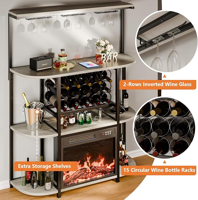 PUKAMI Bar Cabinet with Fireplace, Home Mini Bar Cabinet with Power Outlet and - Image 4