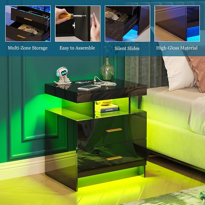 WOOVIVS Night Stand with Light, High Gloss Nightstand with USB/Wireless - Image 5
