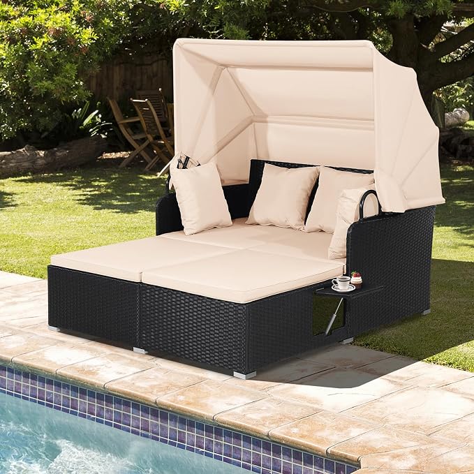 COSTWAY Outdoor Daybed with Retractable Canopy, Patio Rattan Daybed with - Image 7