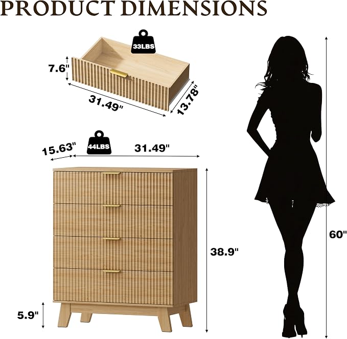 BORNOON 39" Tall Dresser for Bedroom, 4-Drawer Fluted Chest of Drawers - Image 2