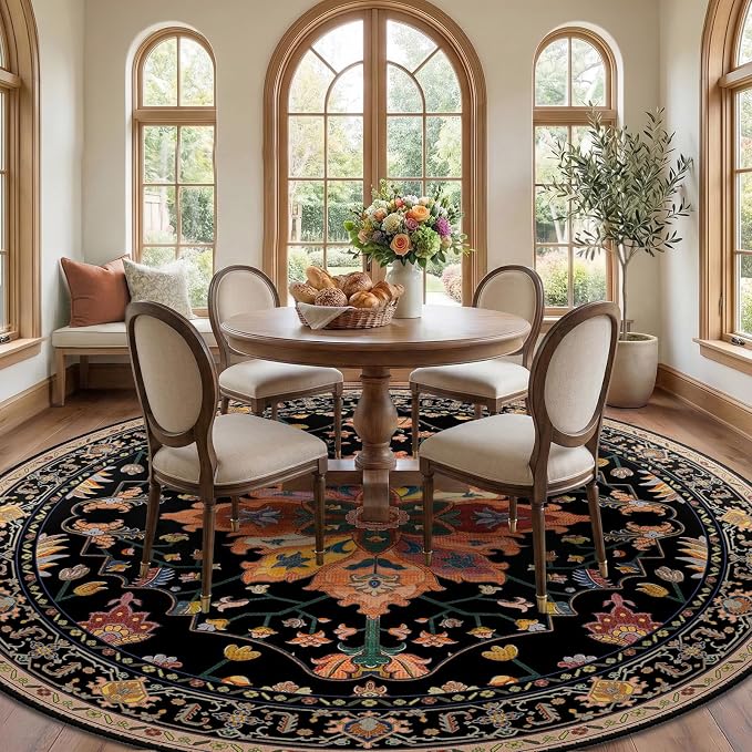 RELEANY Area Rugs Round 10ft Washable Non-Slip, Floral Vintage Distress Print - Image 3
